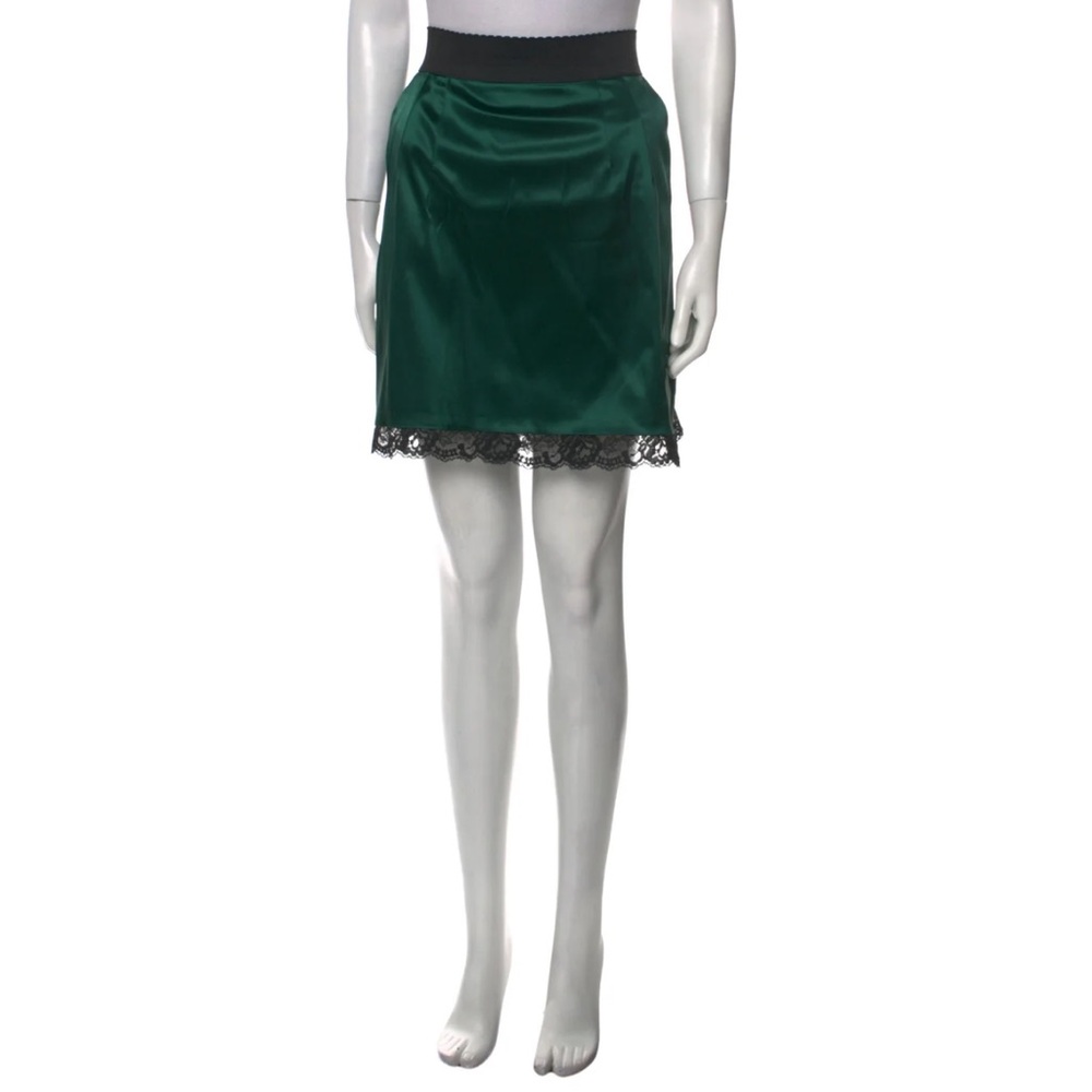 Dolce & Gabbana Green Silk Mini Skirt Black Lace Trim Women’s Size 6 / 42 / S - Picture 1 of 10